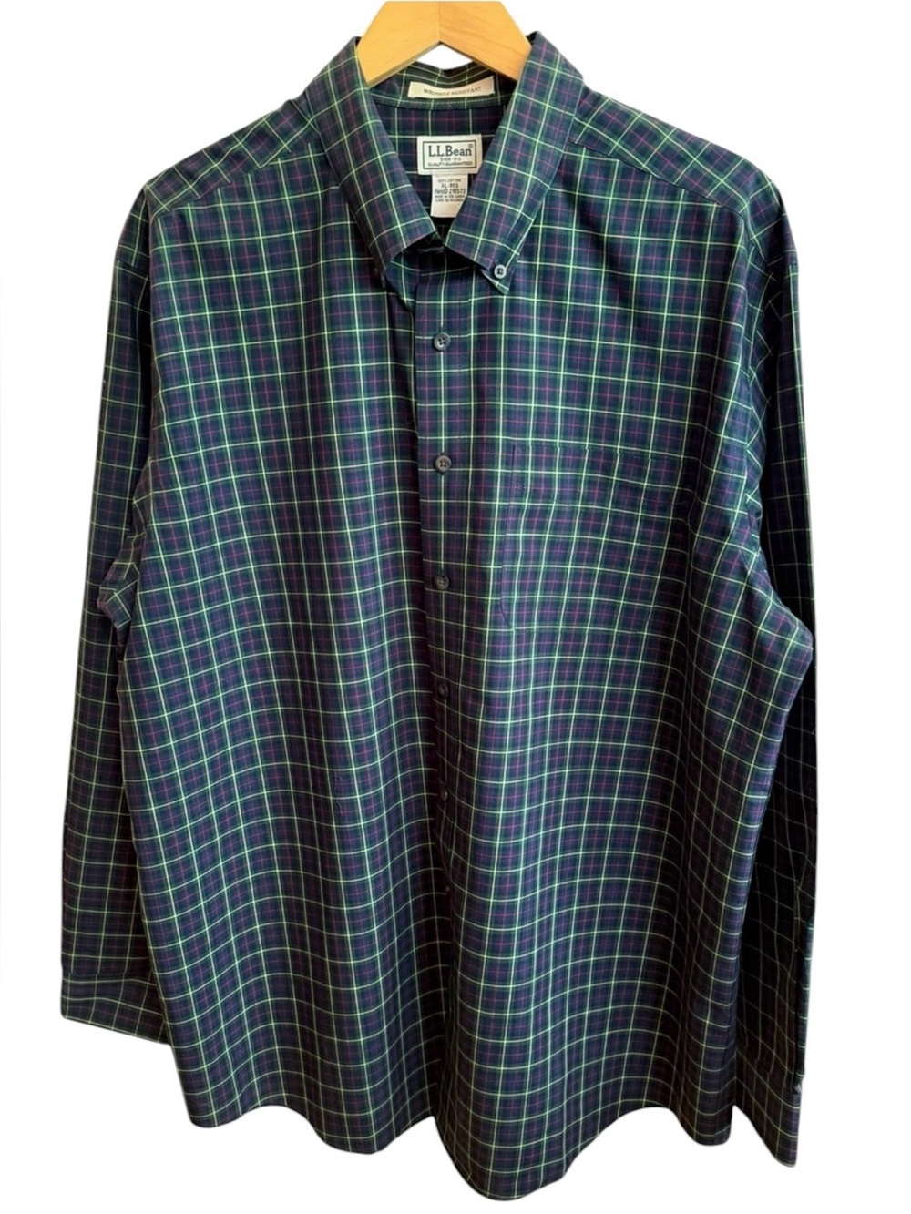 L.L. Bean Wrinkle Resistant Tartan Plaid Button Down Shirt XL Cotton Navy Green